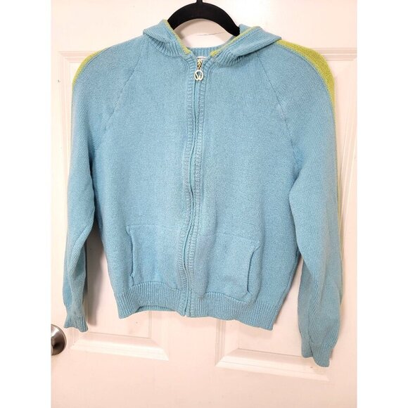 Vintage ST. JOHN SPORT Blue & Green Knit Hooded Cardigan Sweater With Pockets & - Picture 2 of 16